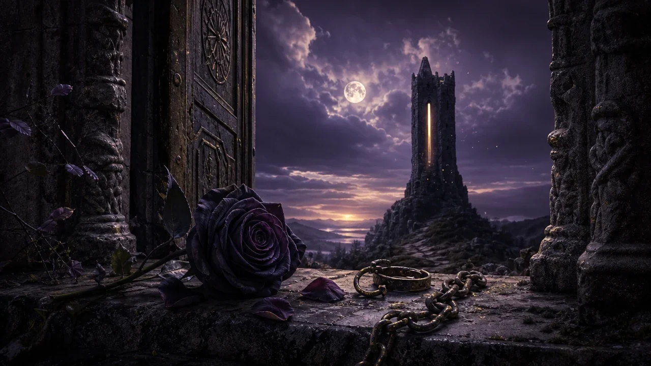A dark rose and chain on a stone ledge, with a moonlit tower framed by an ornate doorway.
