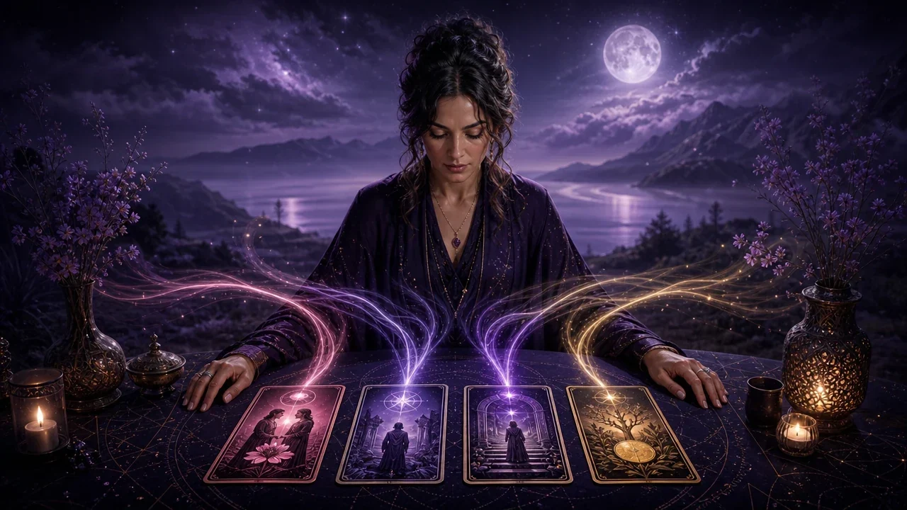 A Tarot reader considers four symbolic cards connected to love, career, and finance themes.