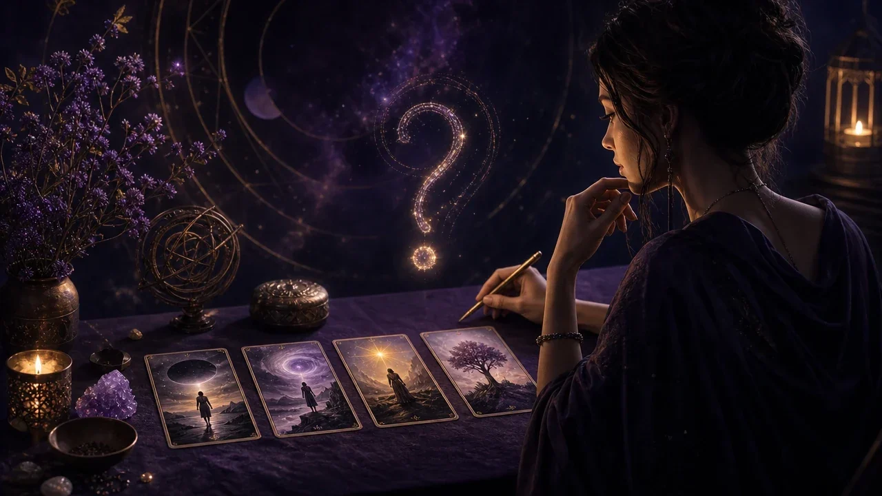 Contemplative figure considering a question beside four Tarot cards in a luminous midnight-violet setting.