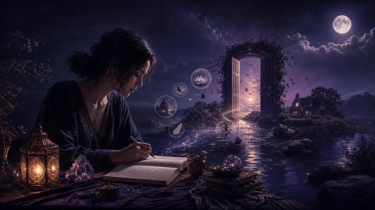 A woman records a dream in a journal as water, moonlight, a doorway, a distant house, and birds emerge around her.