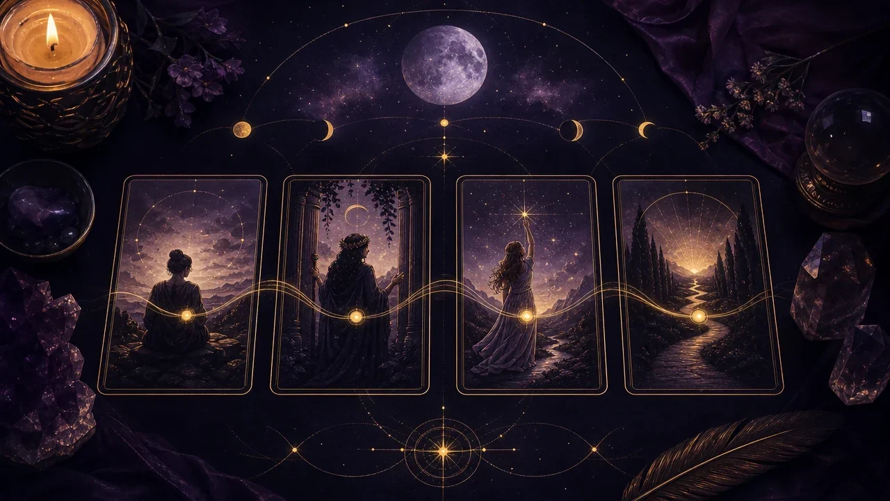 Four Tarot cards arranged as a connected symbolic journey against a luminous violet and midnight background.