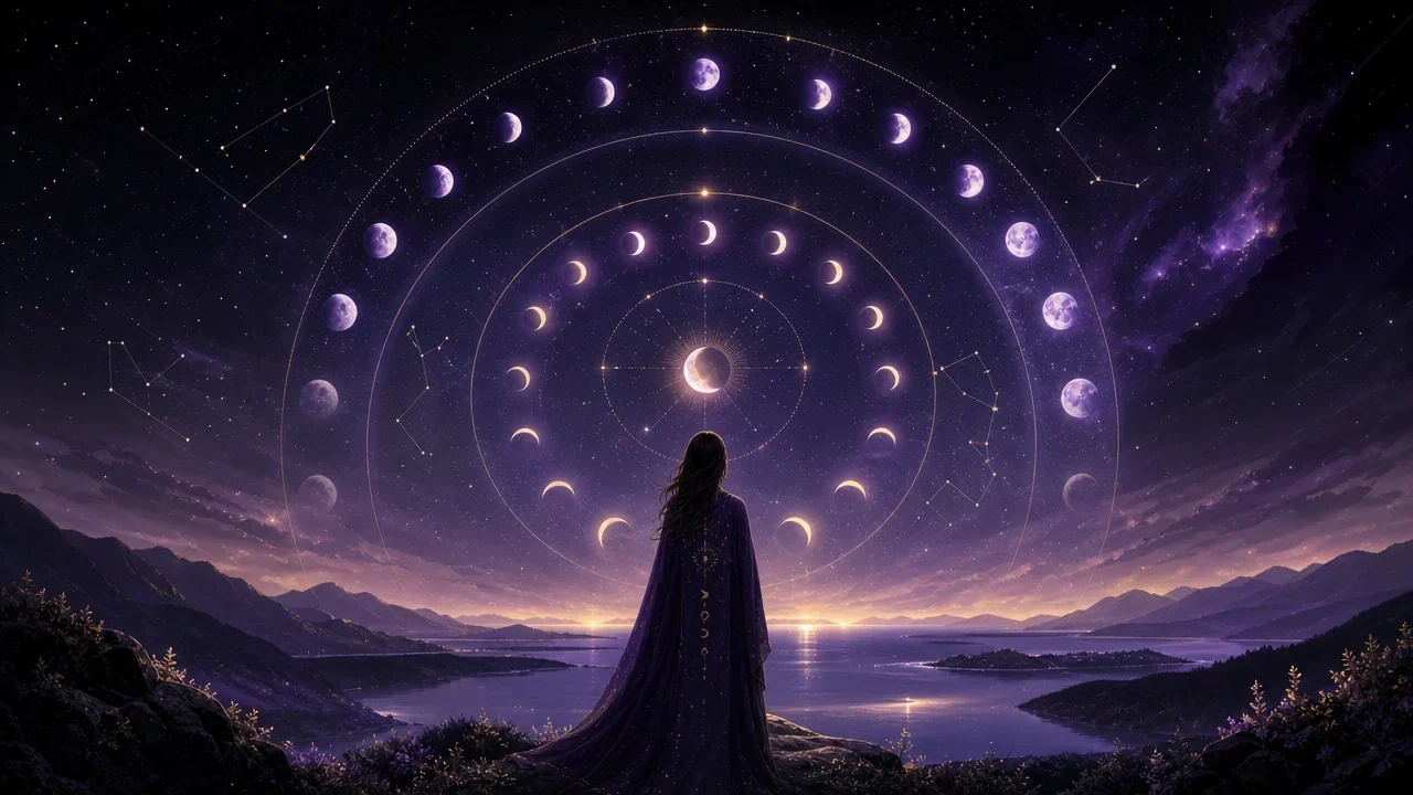 A figure observes three connected celestial cycles representing daily, weekly, and monthly rhythms.