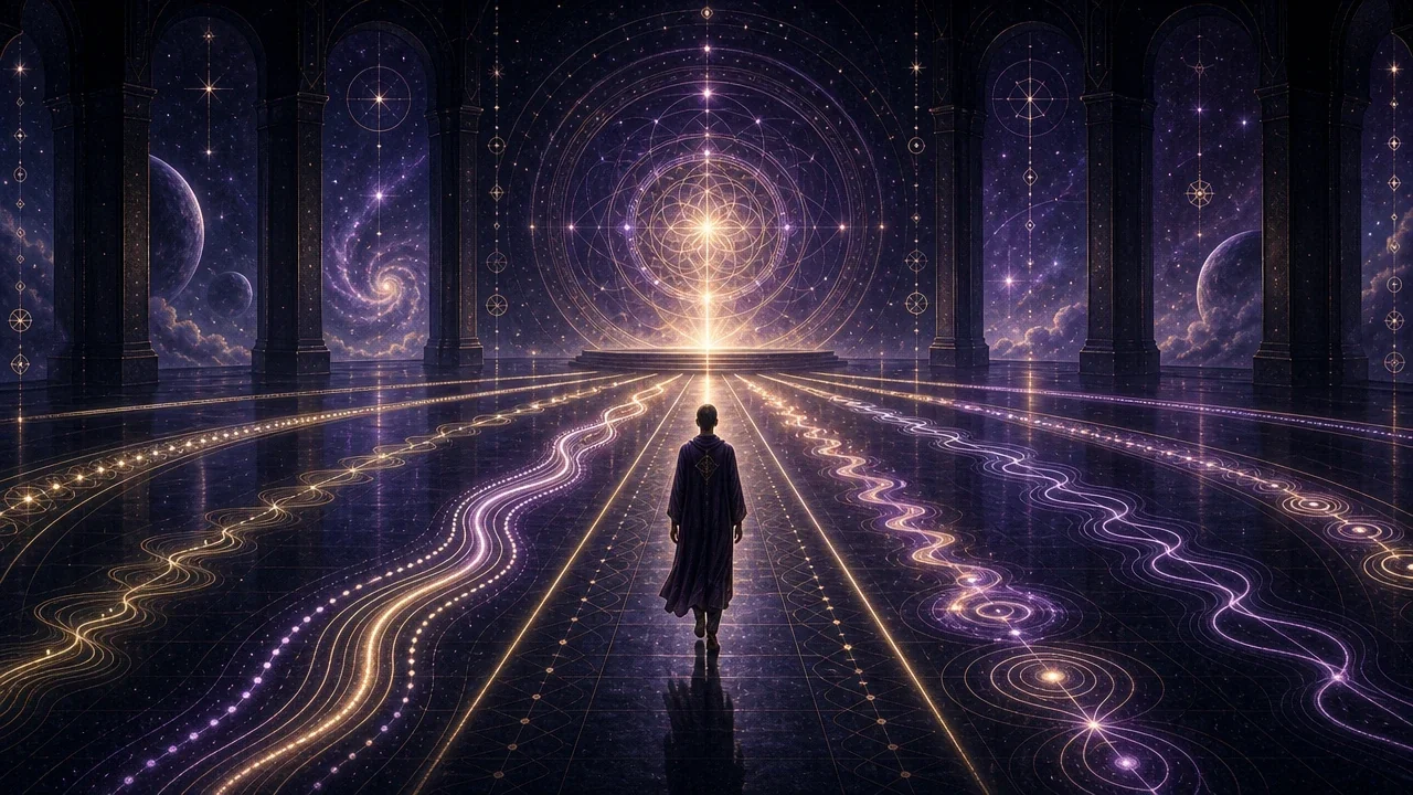 A figure follows luminous geometric pathways through a violet celestial observatory, symbolizing different Life Path Number meanings.