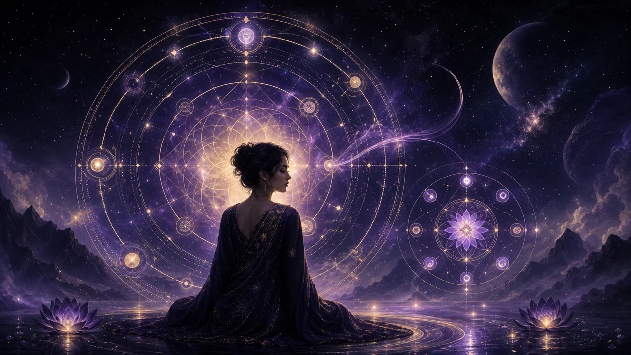 Two interconnected luminous paths representing the Life Path and Birthday Number within a midnight-violet numerology portrait.