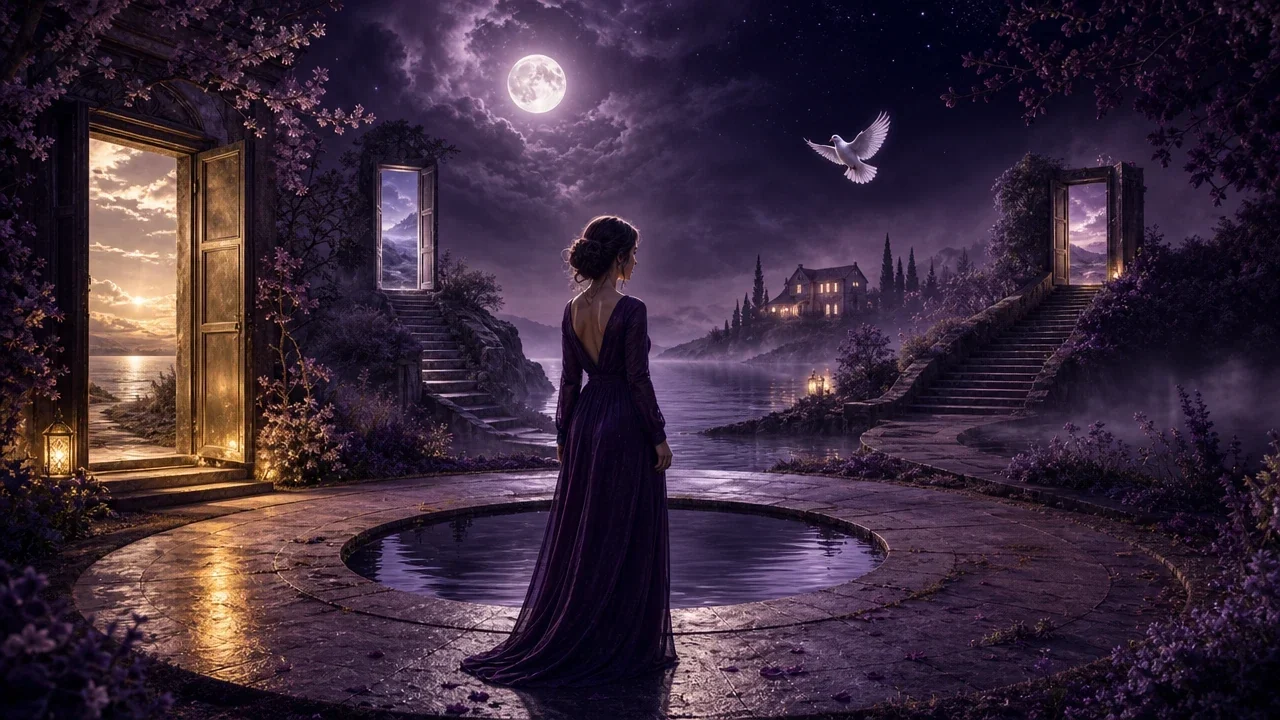 A woman observes recurring doorways, water, birds, and a distant house within a moonlit dreamscape.