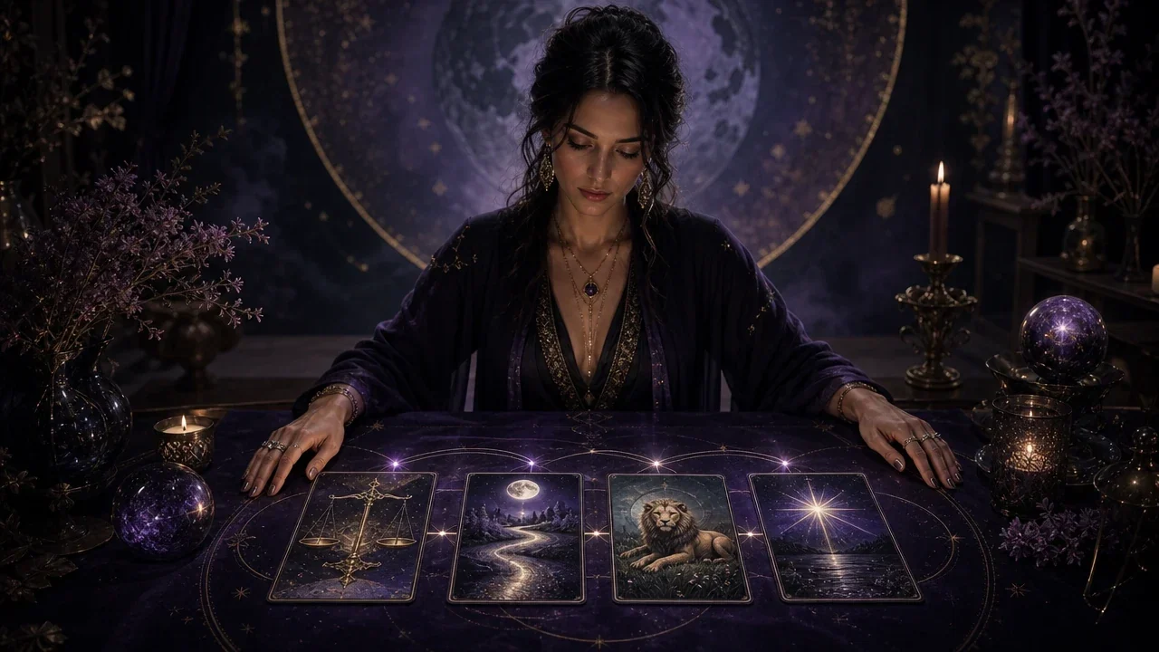Four symbolic Tarot cards connected across a moonlit reading table.