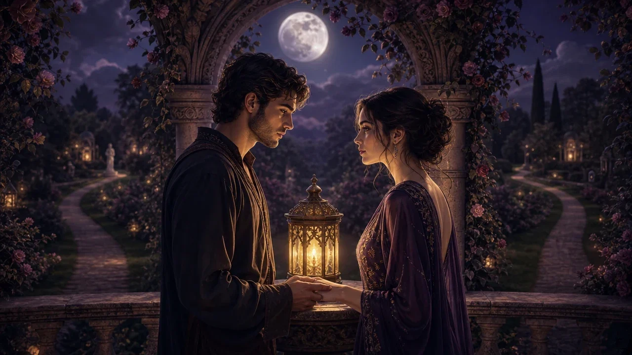 Two figures hold hands beside a glowing lantern beneath a rose-covered arch, with moonlit garden paths behind them.