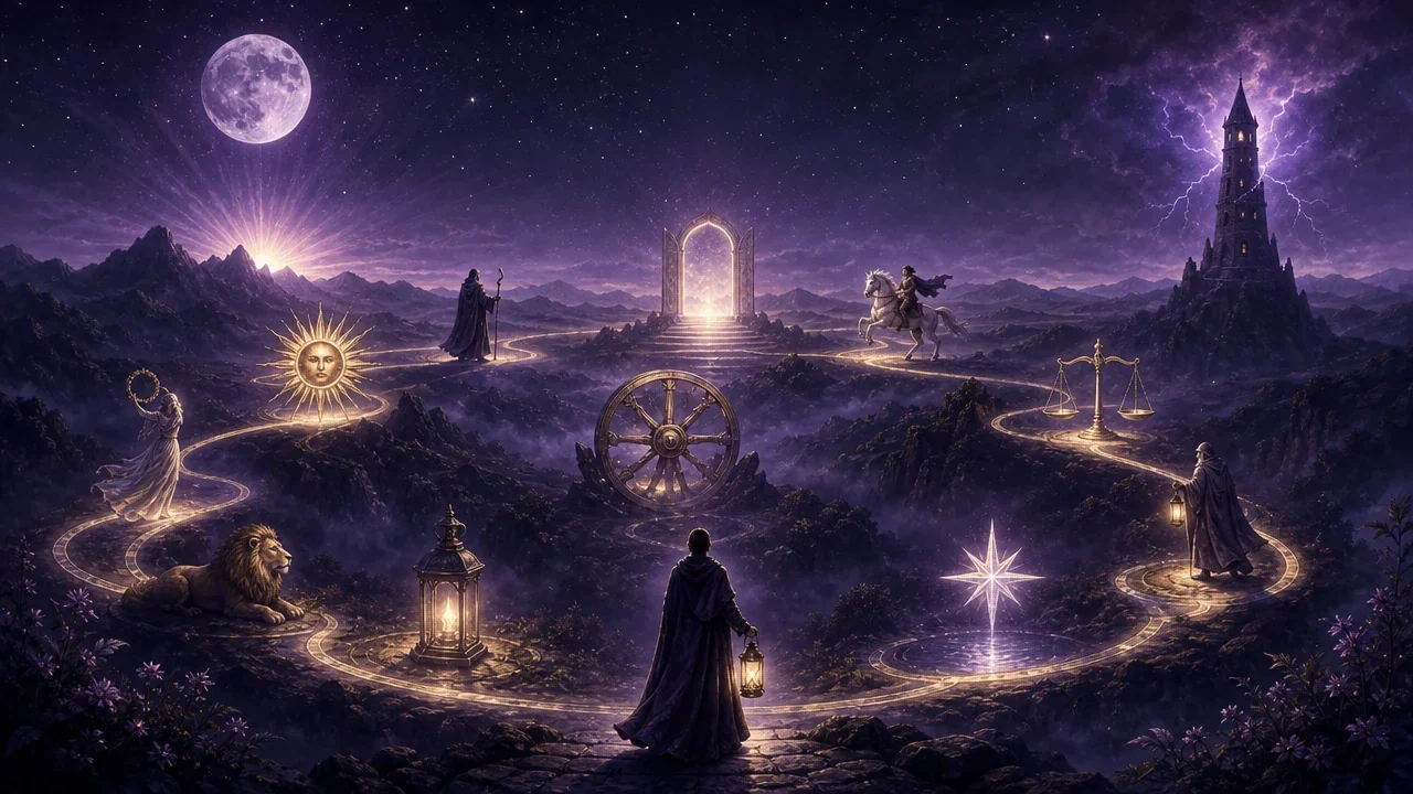 A traveler stands before a luminous circle of archetypal Major Arcana symbols in a violet nightscape.