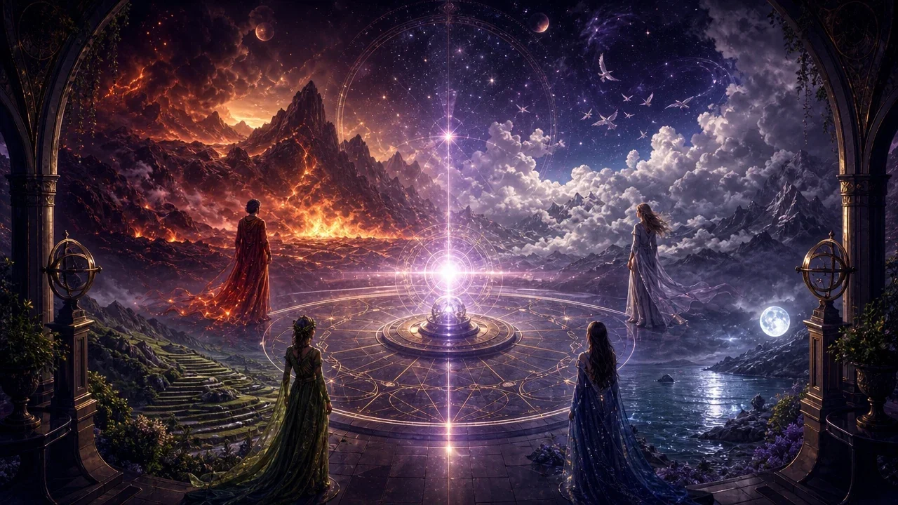 Four celestial landscapes representing the Fire, Earth, Air, and Water zodiac elements