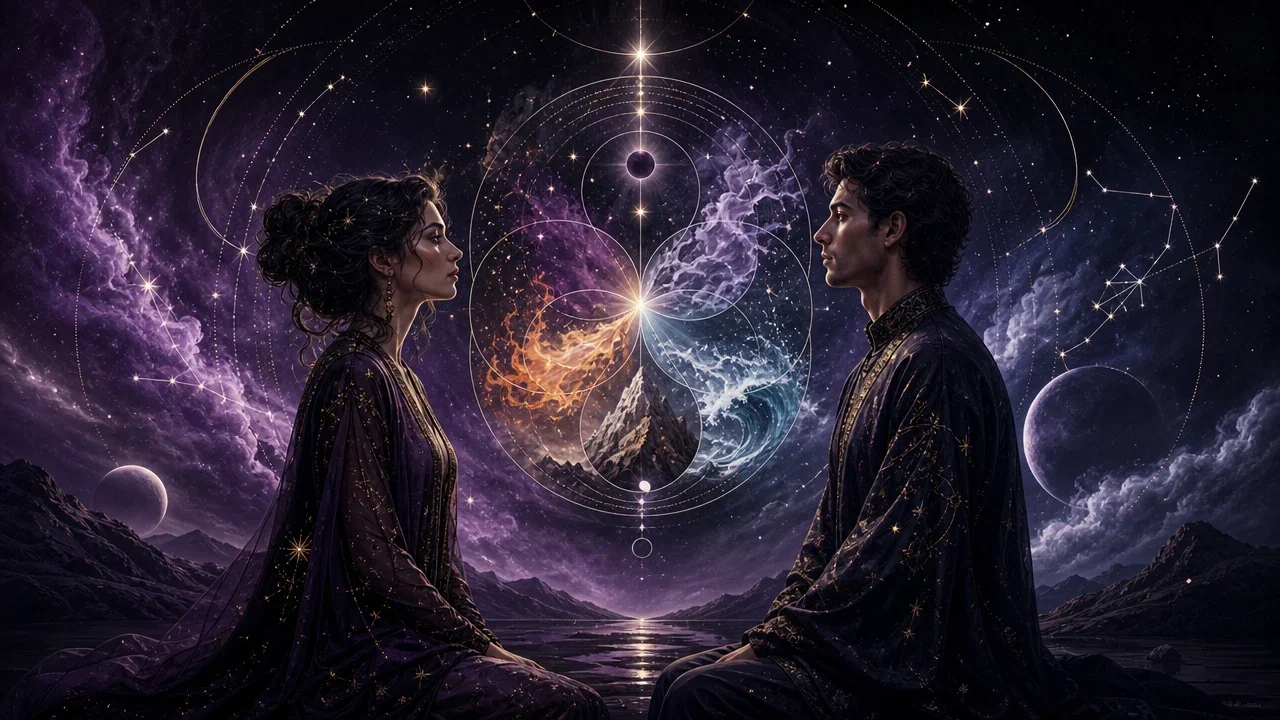 Two figures face each other beneath intersecting constellations and balanced elemental patterns.